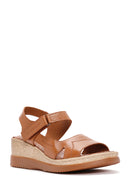 Women's Tan Thick Soled Leather Comfort Sandals with Ankle Strap | Derimod Women's Tan Thick Soled Leather Comfort Sandals with Ankle Strap | Derimod