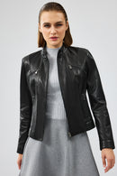 Linda Women's Black Short Leather Jacket | Derimod Linda Women's Black Short Leather Jacket | Derimod