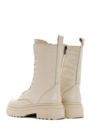 Women's Cream Zippered Leather Combat Boots | Derimod Women's Cream Zippered Leather Combat Boots | Derimod