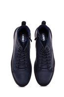 Men's Navy Blue Leather High Top Sneaker | Derimod Men's Navy Blue Leather High Top Sneaker | Derimod