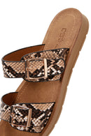 Women's Brown Double Buckled Patterned Slippers | Derimod Women's Brown Double Buckled Patterned Slippers | Derimod