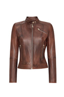 Kylie Women's Brown Mandarin Collar Leather Jacket | Derimod Kylie Women's Brown Mandarin Collar Leather Jacket | Derimod