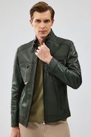Wade Men's Khaki Slim-Fit Leather Coat | Derimod Wade Men's Khaki Slim-Fit Leather Coat | Derimod
