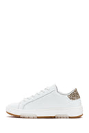 Women's White Lace-Up Stoned Leather Sneakers | Derimod Women's White Lace-Up Stoned Leather Sneakers | Derimod