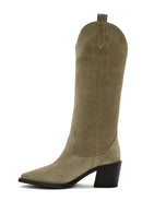 Women's Beige Chunky Heel Suede Leather Cowboy Boots | Derimod Women's Beige Chunky Heel Suede Leather Cowboy Boots | Derimod