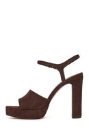 Women's Brown Ankle Buckle Platform High Heel Suede Leather Sandals | Derimod Women's Brown Ankle Buckle Platform High Heel Suede Leather Sandals | Derimod
