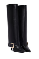 Women's Black Buckled Thin Heeled Leather Boot | Derimod Women's Black Buckled Thin Heeled Leather Boot | Derimod