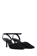Woman Black Ankle-Buckle Floral Embroidered Open-Back Thin High Heel | Derimod Woman Black Ankle-Buckle Floral Embroidered Open-Back Thin High Heel | Derimod