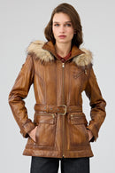 Donatella Women's Camel Belted Hooded Leather Coat | Derimod Donatella Women's Camel Belted Hooded Leather Coat | Derimod