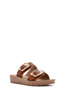 Women's Brown Double Buckled Thick Soled Slippers | Derimod Women's Brown Double Buckled Thick Soled Slippers | Derimod