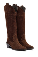 Woman Brown Chunky Heel Suede Leather Cowboy Boots | Derimod Woman Brown Chunky Heel Suede Leather Cowboy Boots | Derimod