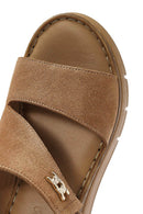Women's Tan Suede Leather Wedge Heeled Ankle Buckle Comfort Sandals | Derimod Women's Tan Suede Leather Wedge Heeled Ankle Buckle Comfort Sandals | Derimod