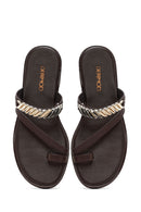 Women's Brown Stoned Flip-Flop Leather Slippers | Derimod Women's Brown Stoned Flip-Flop Leather Slippers | Derimod