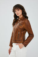 Kylie Women's Camel Short Leather Jacket | Derimod Kylie Women's Camel Short Leather Jacket | Derimod