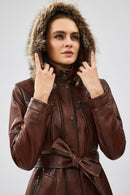 Rebecca Women's Brown Hooded Furry Leather Jacket | Derimod Rebecca Women's Brown Hooded Furry Leather Jacket | Derimod