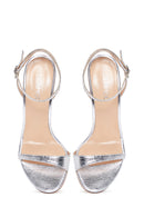 Women's Silver Metallic Leather Heeled Sandals | Derimod Women's Silver Metallic Leather Heeled Sandals | Derimod