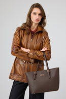 Donatella Women's Camel Belted Hooded Leather Coat | Derimod Donatella Women's Camel Belted Hooded Leather Coat | Derimod