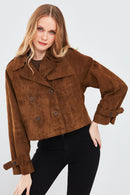 Tracy Women's Brown Short Suede Leather Coat | Derimod Tracy Women's Brown Short Suede Leather Coat | Derimod