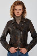 Newyork Women's Brown Vintage Biker Leather Jacket | Derimod Newyork Women's Brown Vintage Biker Leather Jacket | Derimod