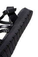 Women's Black Thick Soled Knitted Detailed Leather Bodrum Sandals | Derimod Women's Black Thick Soled Knitted Detailed Leather Bodrum Sandals | Derimod