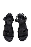 Women's Black Thick Soled Knitted Detailed Leather Bodrum Sandals | Derimod Women's Black Thick Soled Knitted Detailed Leather Bodrum Sandals | Derimod
