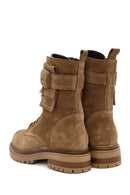 Women's Brown Zippered Suede Leather Combat Boots | Derimod Women's Brown Zippered Suede Leather Combat Boots | Derimod