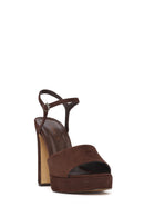 Women's Brown Ankle Buckle Platform High Heel Suede Leather Sandals | Derimod Women's Brown Ankle Buckle Platform High Heel Suede Leather Sandals | Derimod