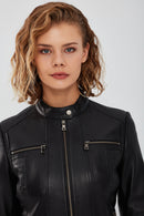 Marlyn Women's Black Short Leather Jacket | Derimod Marlyn Women's Black Short Leather Jacket | Derimod