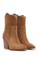 Women's Tan Thick Heeled Suede Cowboy Boots | Derimod Women's Tan Thick Heeled Suede Cowboy Boots | Derimod