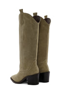Women's Beige Chunky Heel Suede Leather Cowboy Boots | Derimod Women's Beige Chunky Heel Suede Leather Cowboy Boots | Derimod