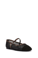 Women's Black Leopard Patterned Buckled Mesh Leather Ballerinas | Derimod Women's Black Leopard Patterned Buckled Mesh Leather Ballerinas | Derimod