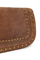 Woman Tan Long-Strap Studded Suede Crossbody Bag | Derimod Woman Tan Long-Strap Studded Suede Crossbody Bag | Derimod