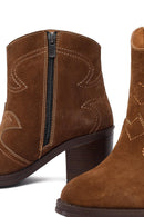 Woman Tan Suede Chunky Heel Leather Cowboy Boots | Derimod Woman Tan Suede Chunky Heel Leather Cowboy Boots | Derimod