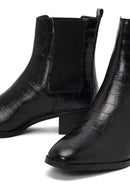 Women's Black Croco Patterned Short Thick Heel Leather Chelsea Boot | Derimod Women's Black Croco Patterned Short Thick Heel Leather Chelsea Boot | Derimod