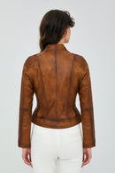 Kylie Women's Camel Short Leather Jacket | Derimod Kylie Women's Camel Short Leather Jacket | Derimod