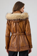 Donatella Women's Camel Belted Hooded Leather Coat | Derimod Donatella Women's Camel Belted Hooded Leather Coat | Derimod