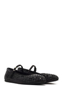 Women's Black Stone Leather Ballet Flats | Derimod Women's Black Stone Leather Ballet Flats | Derimod