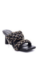Women's Black Braided Heeled Slippers | Derimod Women's Black Braided Heeled Slippers | Derimod