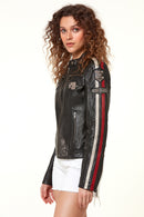 Ladyracer Women's Black Embroidered Sports Leather Coat | Derimod Ladyracer Women's Black Embroidered Sports Leather Coat | Derimod