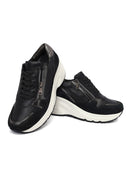 Woman Black Lace-Up Zipper Detailed Wedge Heels Leather Sneakers | Derimod Woman Black Lace-Up Zipper Detailed Wedge Heels Leather Sneakers | Derimod