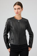 Flora Women's Black Slim Short Leather Jacket | Derimod Flora Women's Black Slim Short Leather Jacket | Derimod