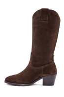 Woman Brown Chunky Heel Suede Leather Cowboy Boots | Derimod Woman Brown Chunky Heel Suede Leather Cowboy Boots | Derimod