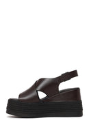 Woman Brown Ankle-Buckle Wedge-Heel Leather Sandal | Derimod Woman Brown Ankle-Buckle Wedge-Heel Leather Sandal | Derimod
