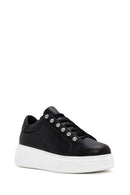 Women's Black Stone Laced Thick Soled Leather Sneakers | Derimod Women's Black Stone Laced Thick Soled Leather Sneakers | Derimod