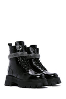 Women's Black Leather Stone Thick Soled Boots | Derimod Women's Black Leather Stone Thick Soled Boots | Derimod