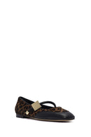 Women's Brown Buckle Detailed Leopard Patterned Leather Ballerinas | Derimod Women's Brown Buckle Detailed Leopard Patterned Leather Ballerinas | Derimod