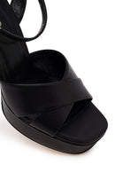 Woman Black Ankle-Buckle Platform High Chunky Heel Leather Sandal | Derimod Woman Black Ankle-Buckle Platform High Chunky Heel Leather Sandal | Derimod
