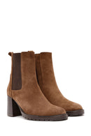 Women's Tan Thick Heeled Suede Leather Chelsea Boots | Derimod Women's Tan Thick Heeled Suede Leather Chelsea Boots | Derimod