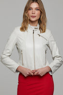 Kylie Women's Beige Leather Jacket | Derimod Kylie Women's Beige Leather Jacket | Derimod