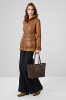 Donatella Women's Camel Belted Hooded Leather Coat | Derimod Donatella Women's Camel Belted Hooded Leather Coat | Derimod